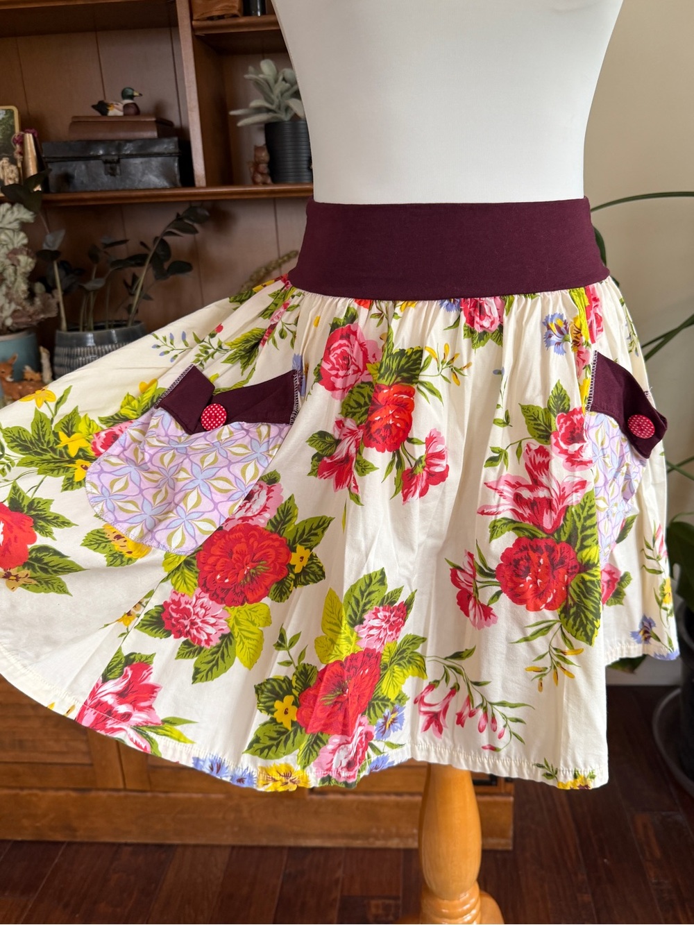 Matilda Jane Floral Cotton Circle Skirt w/ Burgundy Waistband M